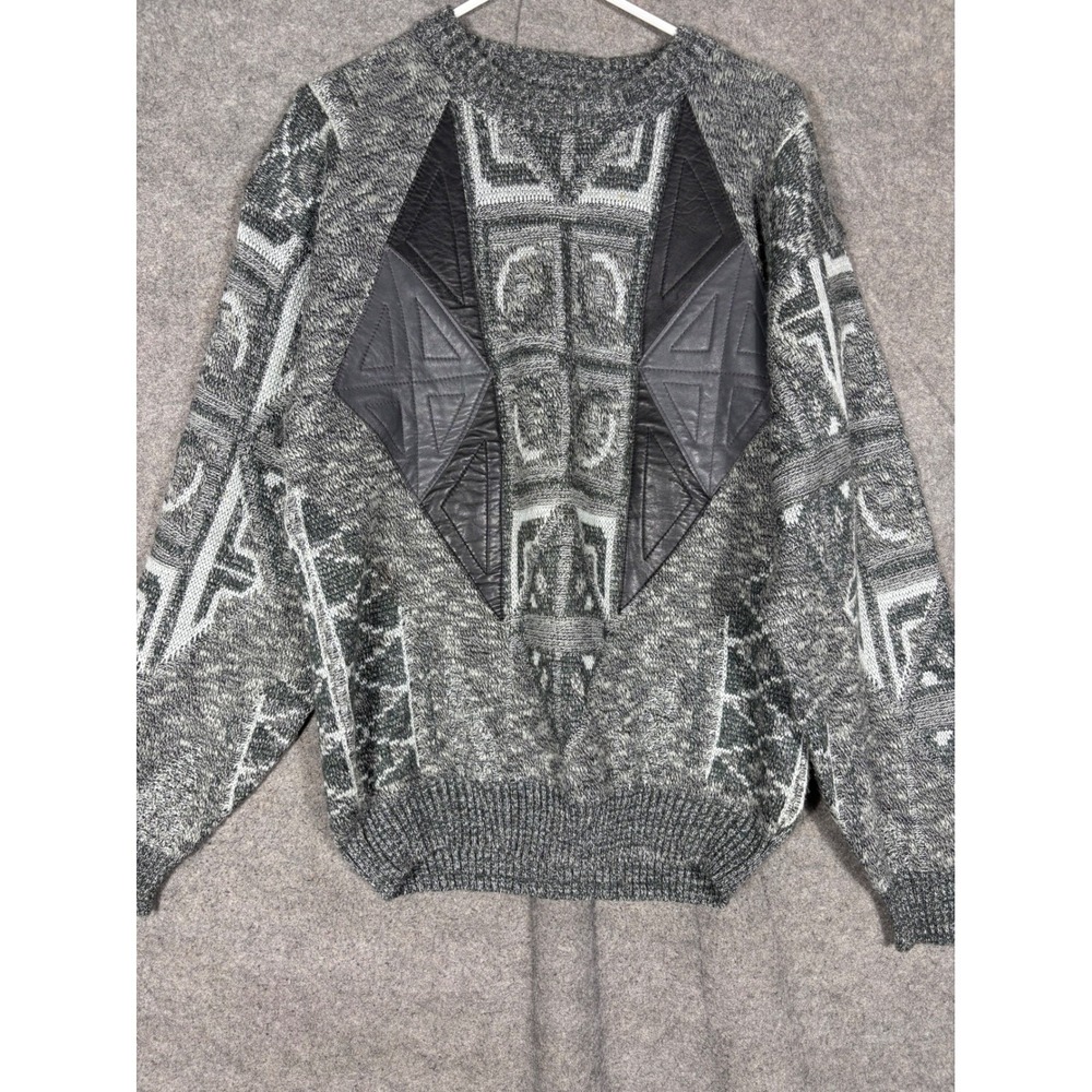 Saxony Vintage Mens Grey Geometric Knit Sweater Genuine Leather Patches Size M